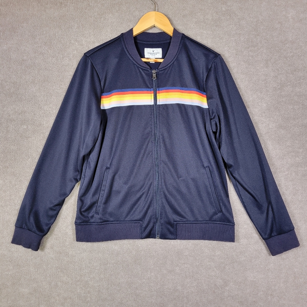 AMERICAN EAGLE Jacket Womens Large Navy Track Jacket with Rainbow Stripe